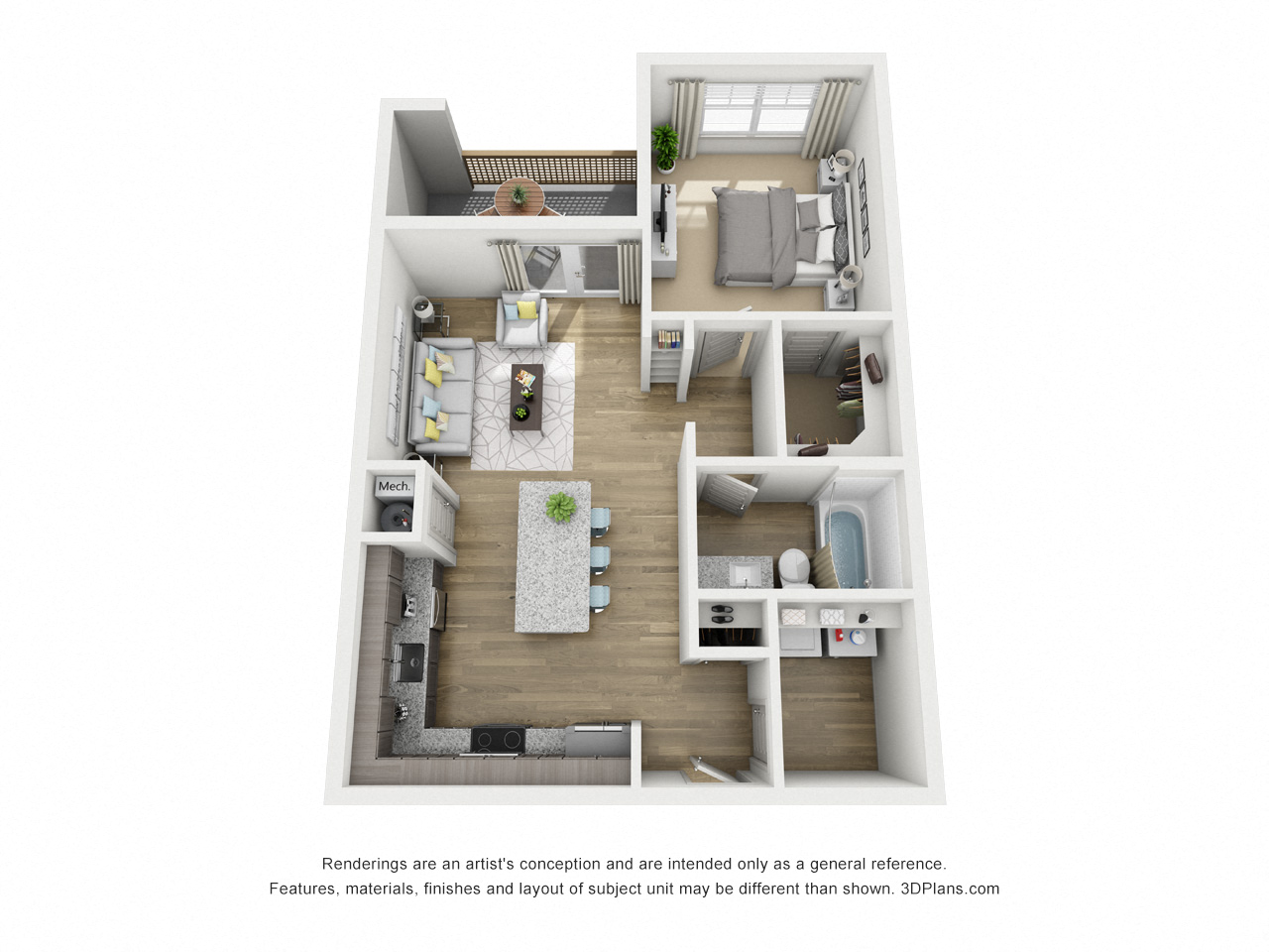 Floor plan for 1 bed, 1 bath, 672 sqft